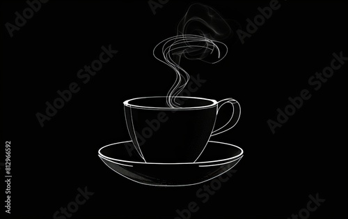 A minimalist line drawing of a coffee cup with steam rising  on a black background