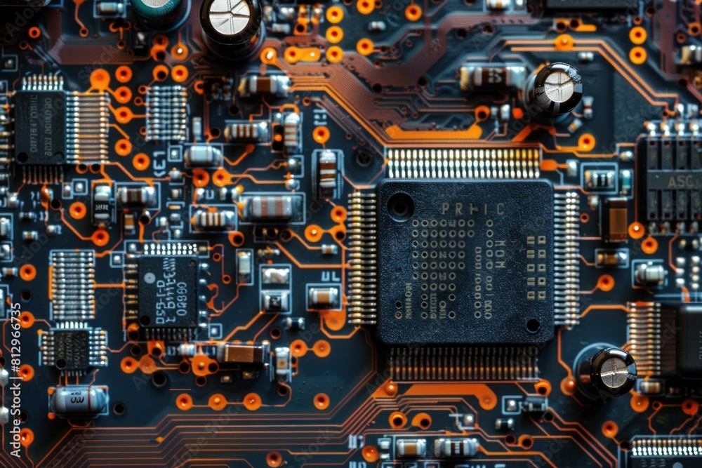 Fototapeta premium Detailed macro shot of electronic parts on a computer motherboard highlighting technology intricacies