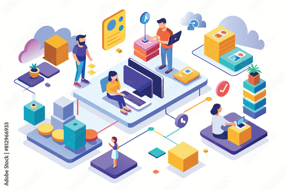 A group of people standing around a flat screen TV, watching something intently, User flow Customizable Isometric Illustration A group of people standing around a flat screen TV, watching something intently, User flow Customizable Isometric Illustration