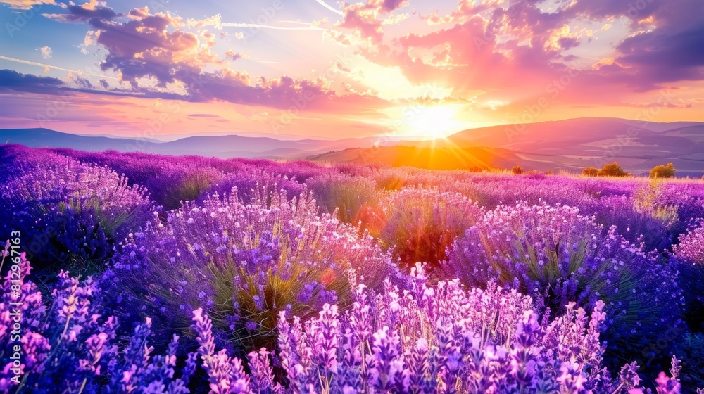 Obraz premium Lavender field at sunset light in Provence, amazing sunny landscape with fiery sky and sun, France