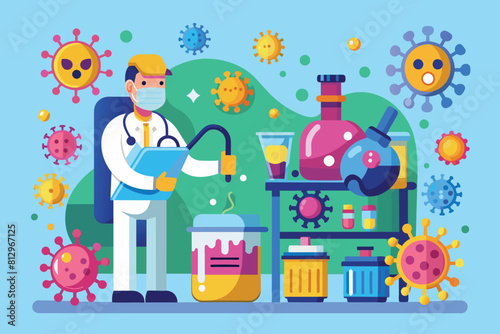 A man in a lab coat is carefully holding a beakle specimen in a controlled environment, Virus disinfection Customizable Flat Illustration