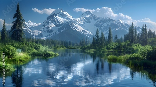 Breathtaking Mountain Lake Landscape with Snowy Peaks and Tranquil Reflection photo