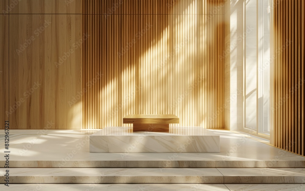 A minimalist podium crafted from light wood with clean lines stands on a platform made of smooth A minimalist podium crafted from light wood with clean lines stands on a platform made of smooth