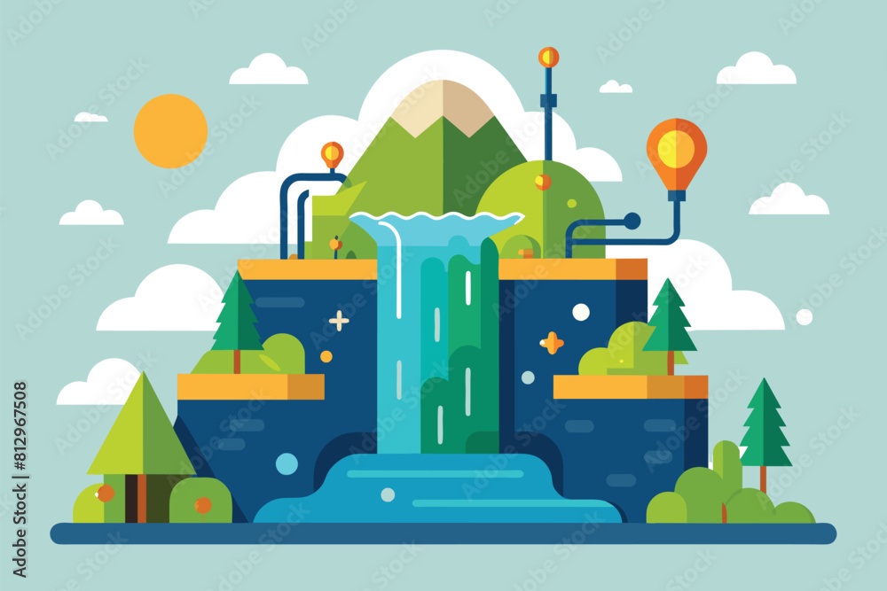 Water cascading down a rock face, flanked by lush trees and towering mountains in the background, Waterfall method Customizable Flat Illustration
