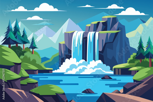 Powerful waterfall cascading down rocky mountain terrain surrounded by lush greenery, Waterfall method Customizable Disproportionate Illustration