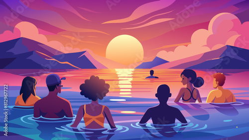 Serenity at Sunset: Friends Enjoying a Mountain Lake Dip