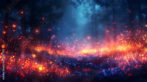 Glowing Enchanted Forest with Shimmering Lights and Mystic Particles in the Dark Night Landscape