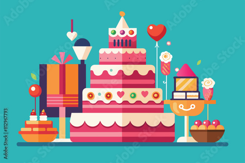 A festive scene featuring a colorful birthday cake surrounded by vibrant balloons and wrapped gifts  Wedding cake Customizable Disproportionate Illustration