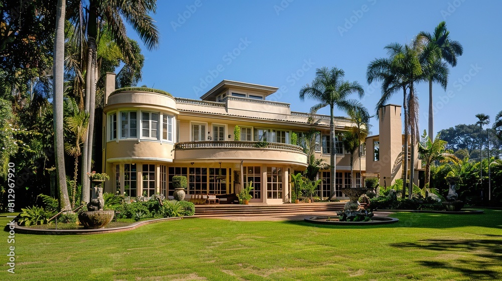 photo of opulent Art Deco style mansion: Classic Mansion with Lush Gardens. A classic mansion surrounded by lush green gardens and palm trees.