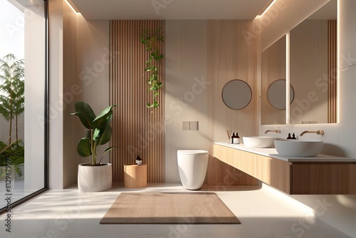 minimalist contemporary bathroom with sleek fixtures clean lines and serene ambiance luxurious interior design 3d render