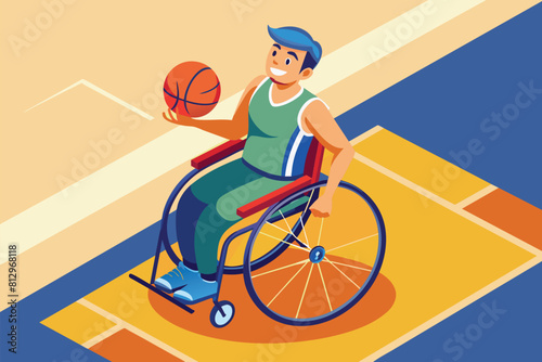 A man sitting in a wheelchair holding a basketball, Wheelchair basketball Customizable Isometric Illustration