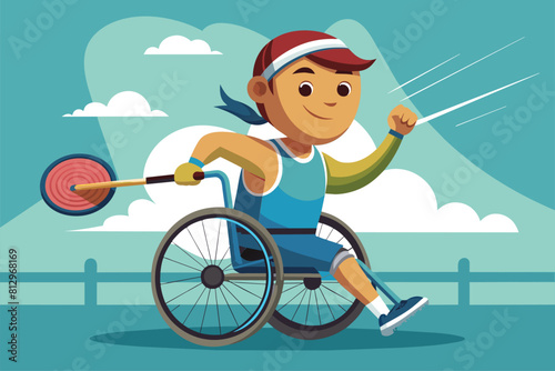 A man in a wheelchair actively participating in a game of badminton, Wheelchair fencing Customizable Cartoon Illustration