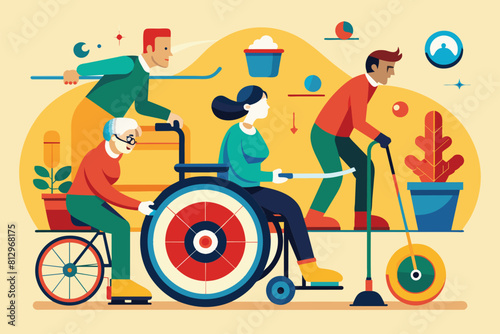 A man in a wheelchair being aided by a nurse in a medical facility, Wheelchair curling Customizable Disproportionate Illustration