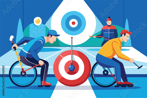 A man on a bike is riding next to another man on a bike, Wheelchair curling Customizable Semi Flat Illustration