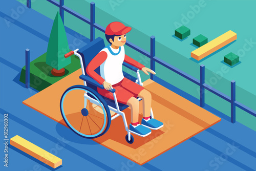 A man in a wheelchair sitting on a rug indoors, Wheelchair fencing Customizable Isometric Illustration