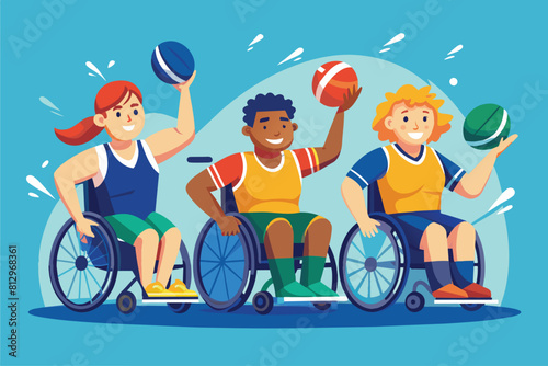 A group of individuals in wheelchairs participating in a spirited basketball game on a court, Wheelchair rugby Customizable Disproportionate Illustration