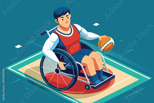 A man sitting in a wheelchair holding a basketball in his hand, Wheelchair rugby Customizable Isometric Illustration