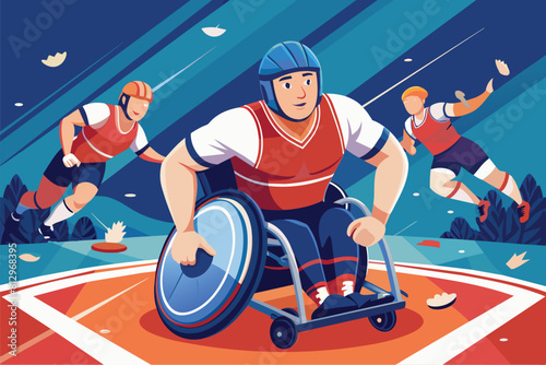 A man in a wheelchair navigating a field with grass and blue sky in the background, Wheelchair rugby Customizable Semi Flat Illustration