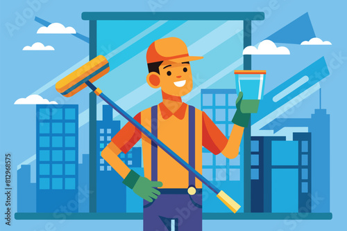 A man holding a mop in one hand and a glass of water in the other, Window washer Customizable Disproportionate Illustration