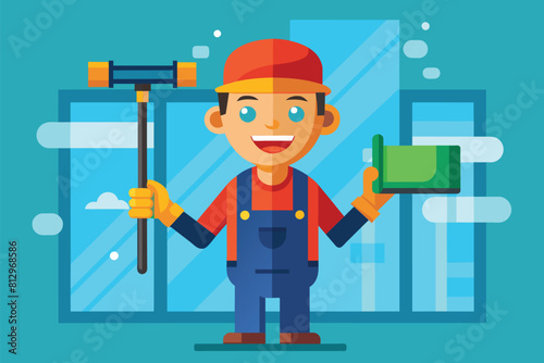 A man in overalls and a hard hat is painting with a roller, Window washer Customizable Flat Illustration