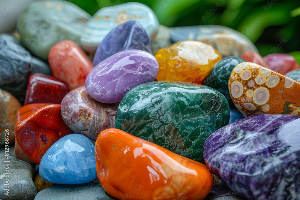 Close-up of assorted small healing stones with a blurred background, emphasizing their intricate natural details and glossy finish.. AI generated. Close-up of assorted small healing stones with a blurred background, emphasizing their intricate natural details and glossy finish.. AI generated.