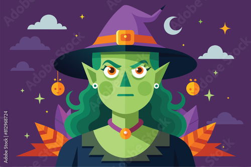 A woman with green hair wearing a classic witches hat, showcasing a unique and whimsical look, Witch Customizable Disproportionate Illustration