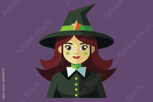 A woman with a witches hat, staring with intense green eyes, Witch Customizable Flat Illustration