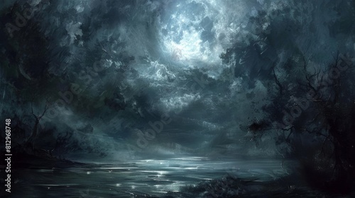 A painting of a dark, stormy night with a full moon in the sky