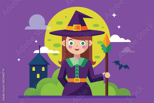 A woman dressed in a witch costume holding a broom, Witch Customizable Semi Flat Illustration