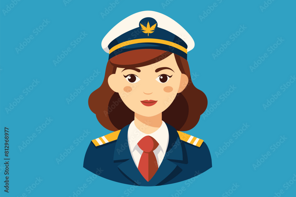 A woman wearing a pilots uniform stands confidently against a vivid blue background, Woman captain Customizable Semi Flat Illustration A woman wearing a pilots uniform stands confidently against a vivid blue background, Woman captain Customizable Semi Flat Illustration