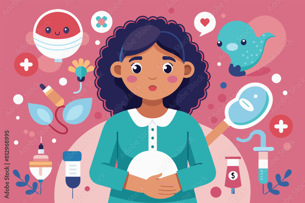 A woman cradles a baby in her arms, Woman infertility Customizable Cartoon Illustration