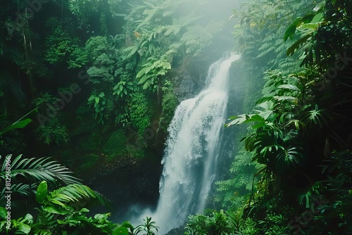 misty tropical waterfall cascading through lush green foliage serene nature photography