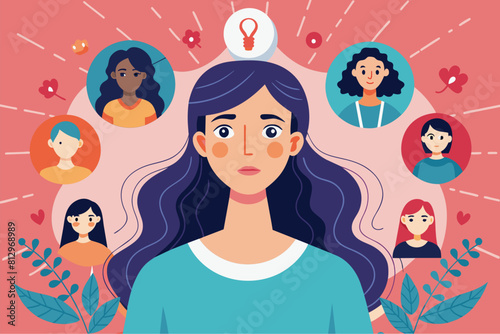 A woman is standing in the center while being surrounded by a large and diverse group of individuals, Woman infertility Customizable Disproportionate Illustration