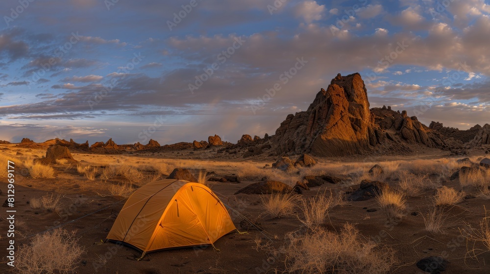 Dome tent illuminated by the warm glow of sunrise as a golden cloudscape reveals the dramatic mountain pinnacles of this panoramic landscape. ProPhoto RGB profile for maximum color fidelity and gamut.