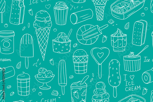 Cute seamless pattern of ice cream in doodle style. Ice cream waffle cones, ice cream bars on sticks. Great for summer dessert menu design, print, web or advertising. Coloring book. Hand drawn