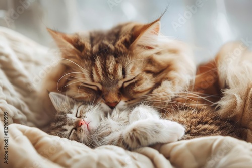 mother cat cuddling her kitten fluffy fur texture mothers day concept