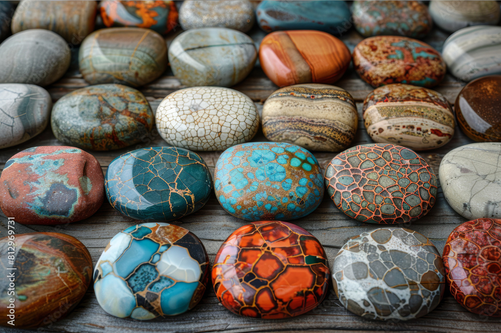 Soothing arrangement of small healing stones, each stone with distinct patterns and a palpable sense of tranquility.. AI generated. Soothing arrangement of small healing stones, each stone with distinct patterns and a palpable sense of tranquility.. AI generated.