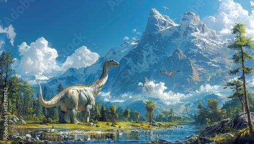 concept art of an enormous long necked dinosaur in the foreground  large mountainous area with palm trees and other dinosaurs far away in the background