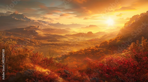 Autumn sunrise. Mountain landscape. Fall morning with vivid sky over beautiful valley. Tranquil background.
