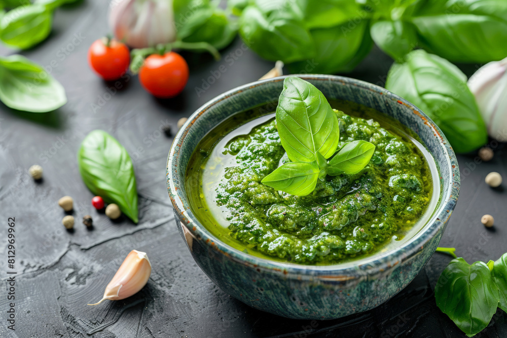 Basil pesto in a ceramic bowl with ingredients around, top view, focus on the fresh green sauce Basil pesto in a ceramic bowl with ingredients around, top view, focus on the fresh green sauce