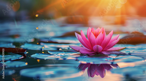 Delicate pink water lily flower floats on a calm pond, reflecting the sun's golden rays and symbolizing purity and tranquility. photo