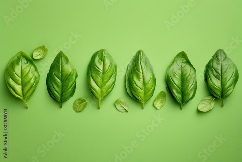 Basil leaves arranged in a neat row on a gradient green background, minimalist and colorful 
