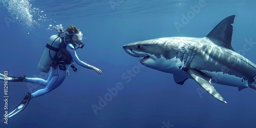 A woman scuba diver underwater in the ocean with a great white shark