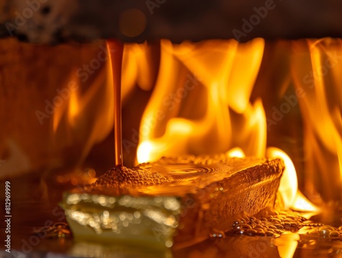 A photo of a gold ingot being melted in a furnace, with molten gold dripping down and flames flickering in the background