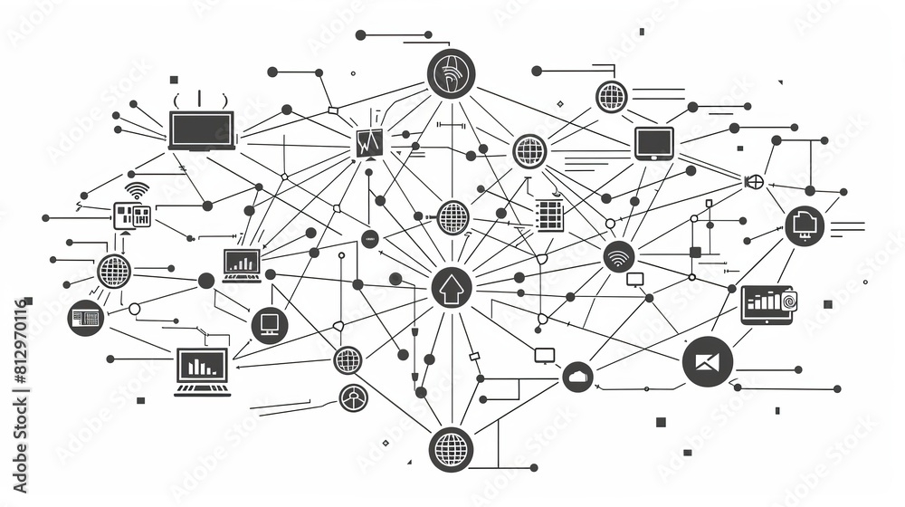 Distributed nodes flat design top view network resilience theme cartoon drawing black and white Distributed nodes flat design top view network resilience theme cartoon drawing black and white