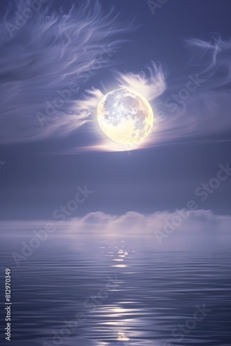 A photo of a majestic full moon peeking through a veil of wispy cirrus clouds  casting an ethereal glow on a calm lake below