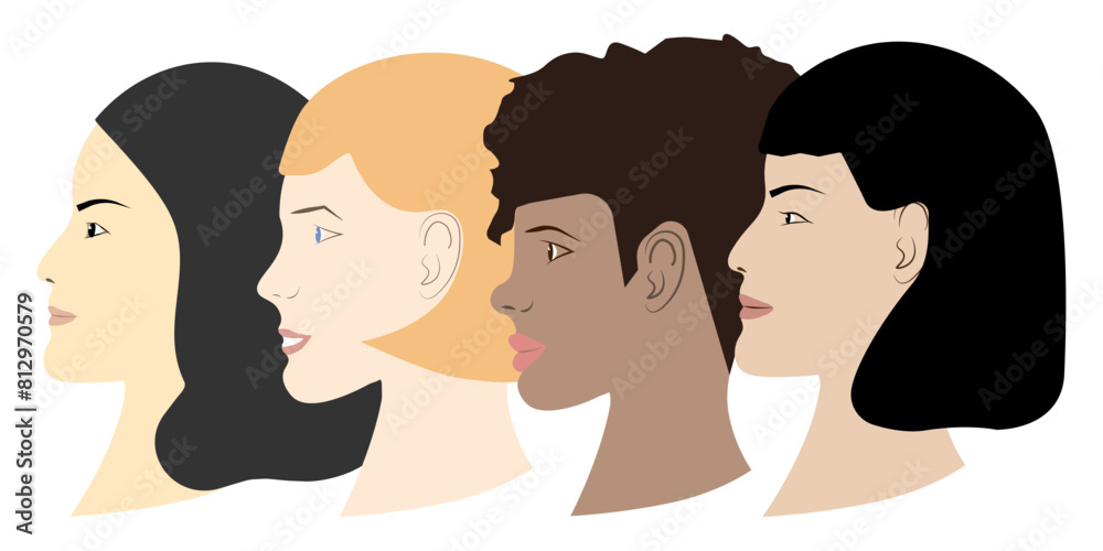 Collection of profile portraits or heads of female characters of different races with different hairstyles and accessories isolated on a white background. Set of avatars for your design. Stock vector Collection of profile portraits or heads of female characters of different races with different hairstyles and accessories isolated on a white background. Set of avatars for your design. Stock vector