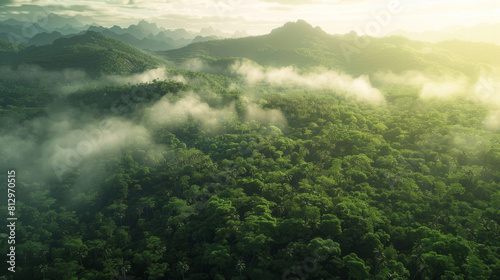 Aerial perspective of a misty forest bathed in the morning sunlight