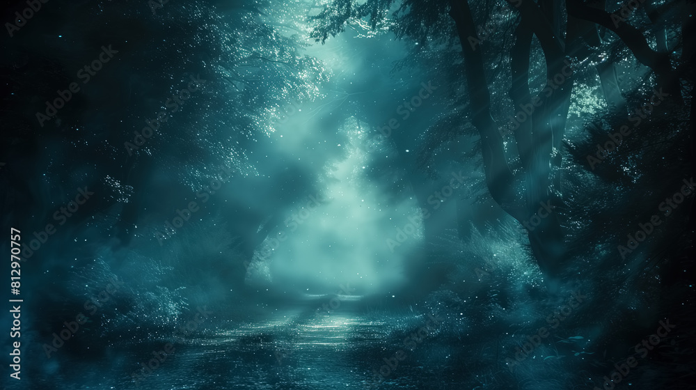 Mysterious dark forest filled with sparkles, with a path leading towards the misty light. Blue and cyan tones. Mystical nighttime landscape with a road softly glowing under the moonlight.