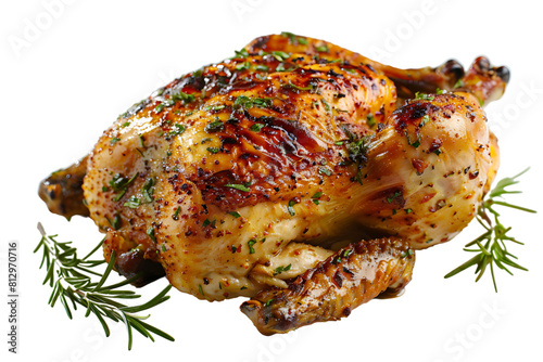 Whole grilled chicken on isolated transparent background